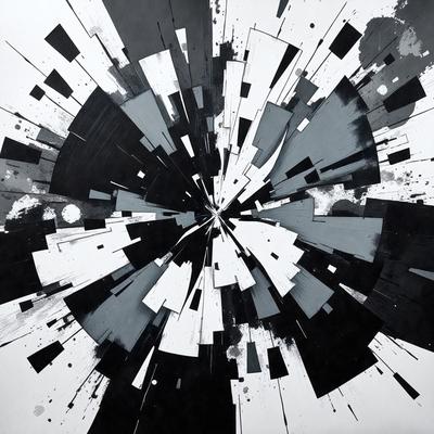 The primary subject of the image is a black and white artwork featuring a large circle with a hole in the center. The setting is a white background, and the visual style appears to be a combination of a photo and a digital artwork. The dominant colors are black and white, creating a stark and dramatic atmosphere.